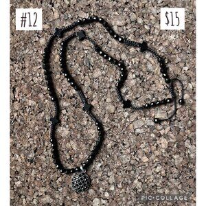 Black Glass Bead Necklace with Black Crystal Pendant